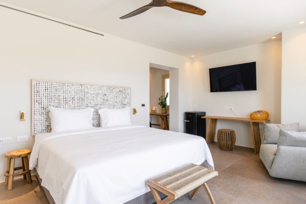 Modern-designed bedroom in an ideal villa to stay in, Mykonos, Greece.