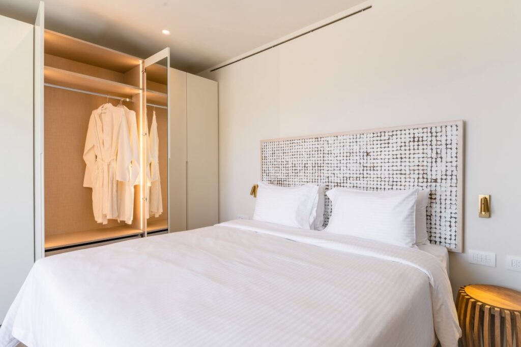 High ceiling, elegant design, and enjoyable bedroom in Mykonos lavish villa for rent.