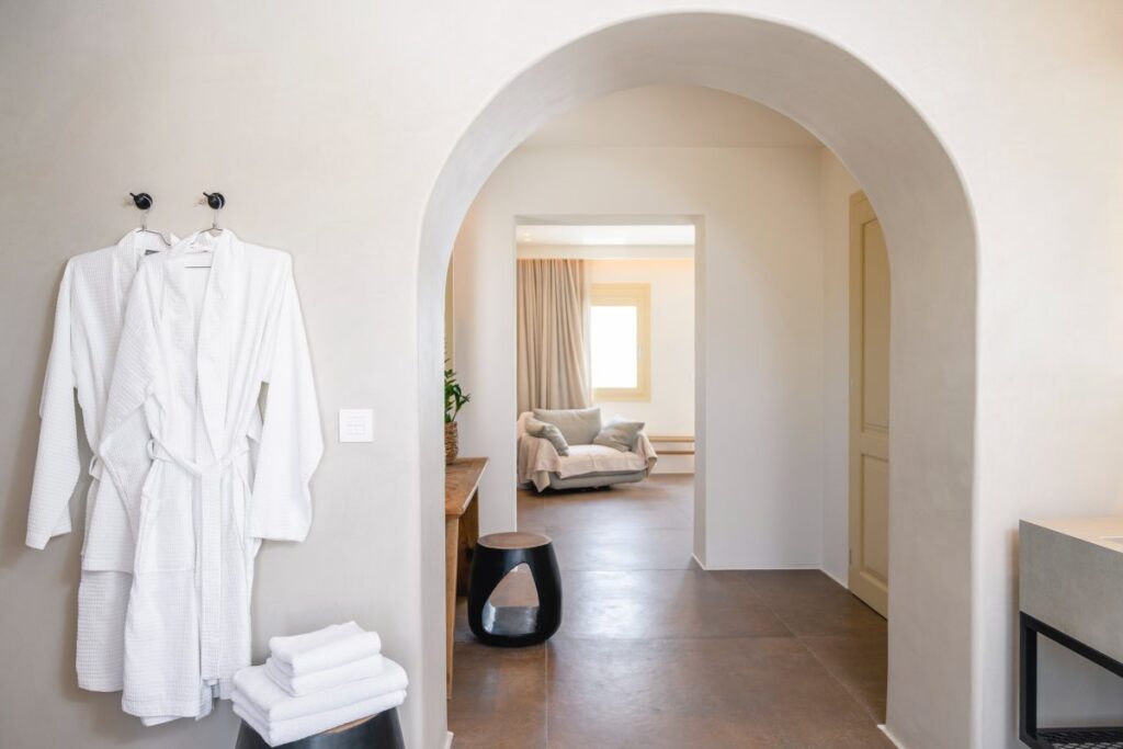 White-beige and opulent bathroom in Mykonos villa for rent.