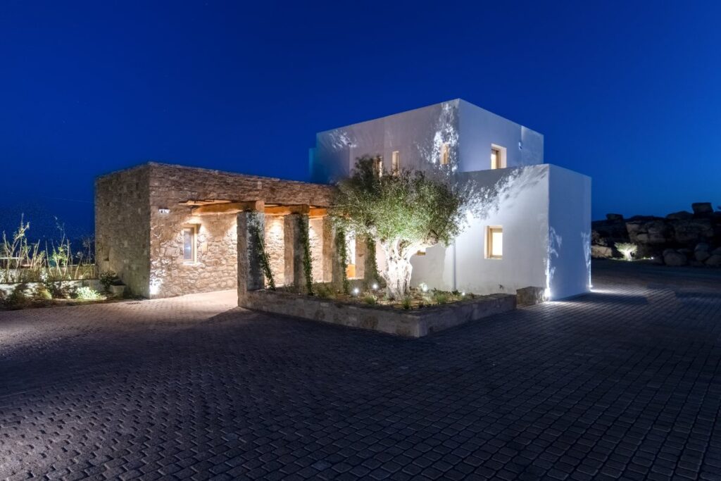 Mykonos exceptional villa by the night from the outside.