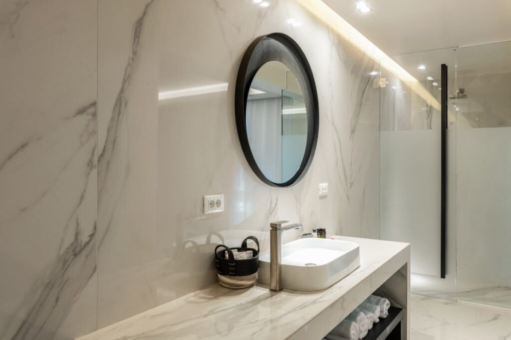 Deluxe bathroom and marble walls in Mykonos vacation villa for rent.