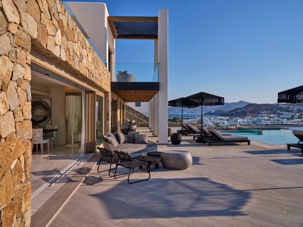 Maximum comfort outside the luxurious villa for rent, Mykonos, Greece.