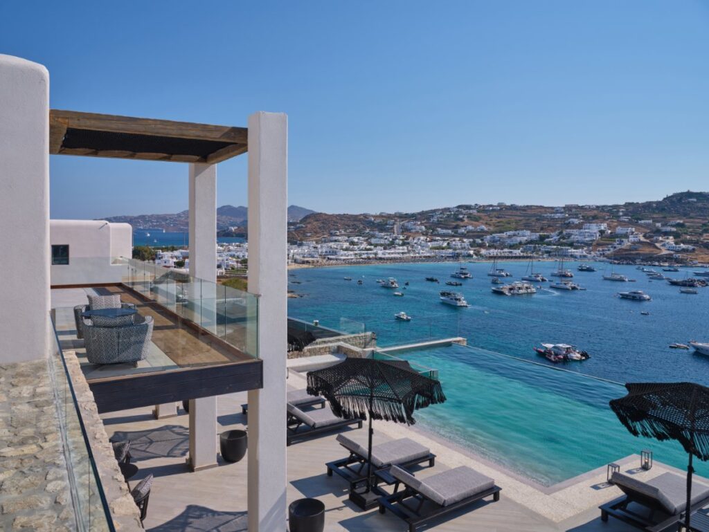 Astonishing view of Mykonos and the Aegean Sea from a terrace in the best rental vacation villa.