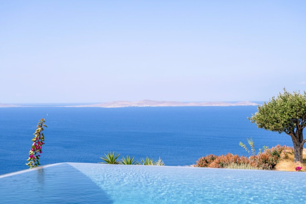 Stunning view of the Aegean Sea, Mykonos luxury home for rent.