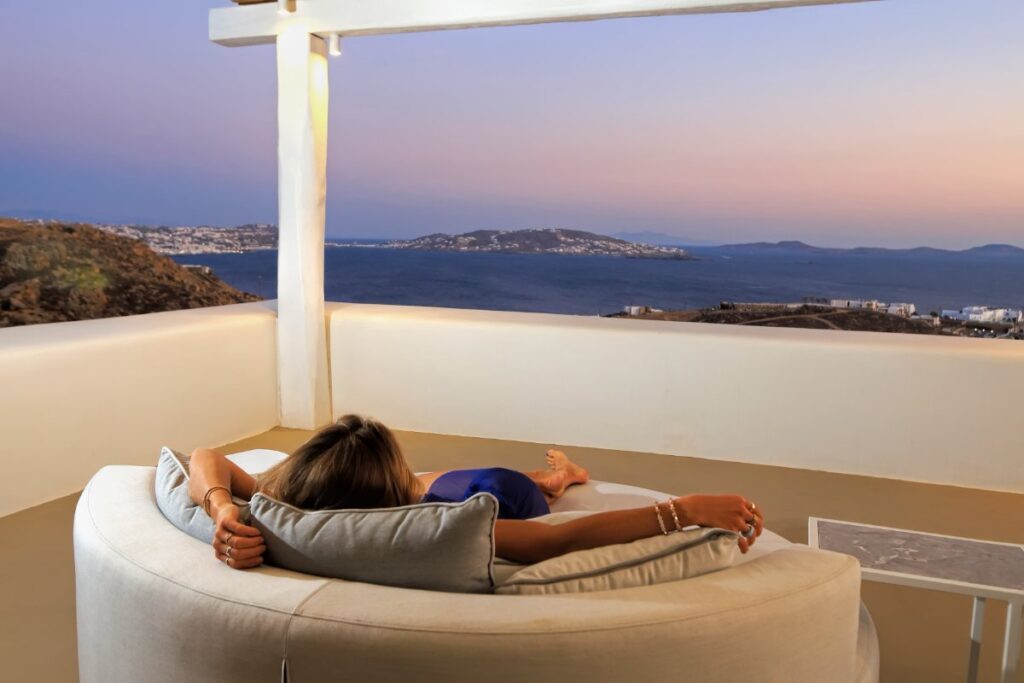 Outdoor enjoyable bed on the private luxurious terrace in Mykonos rental and exceptional villa, Greece