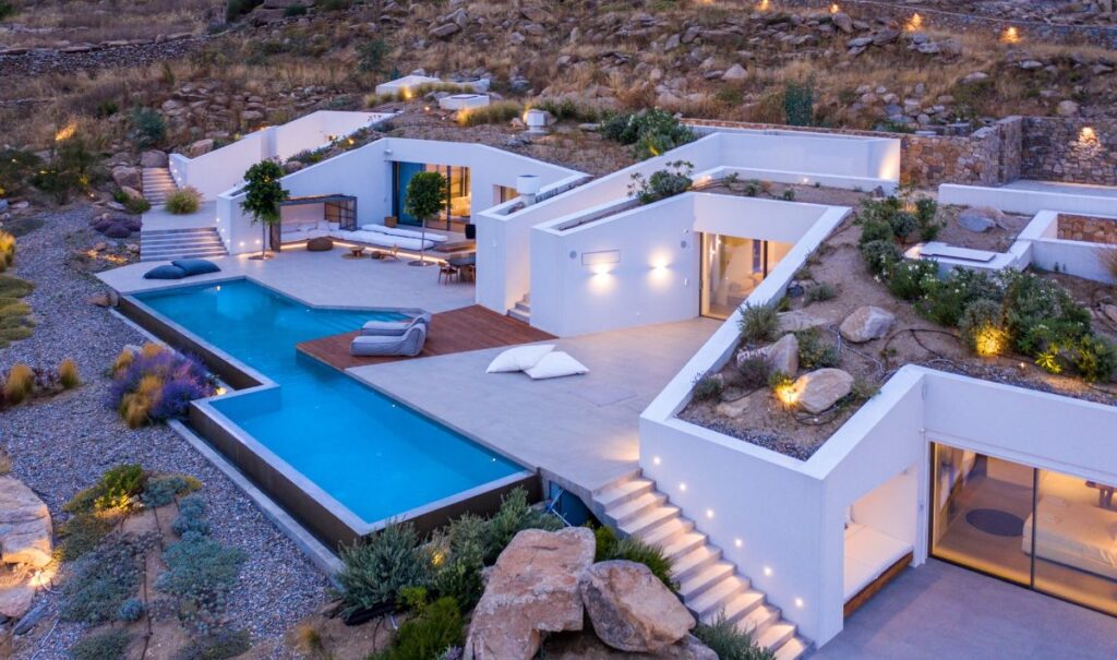 Mykonos private villa with luxurious pool and beautiful outdoor space.