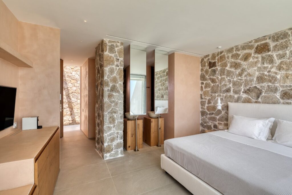 Grandiose sleeping corner in a luxurious Mykonos villa for rent.