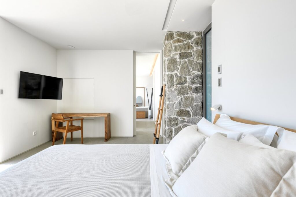 Deluxe bedroom in a splendid rental villa, Mykonos, Greece.
