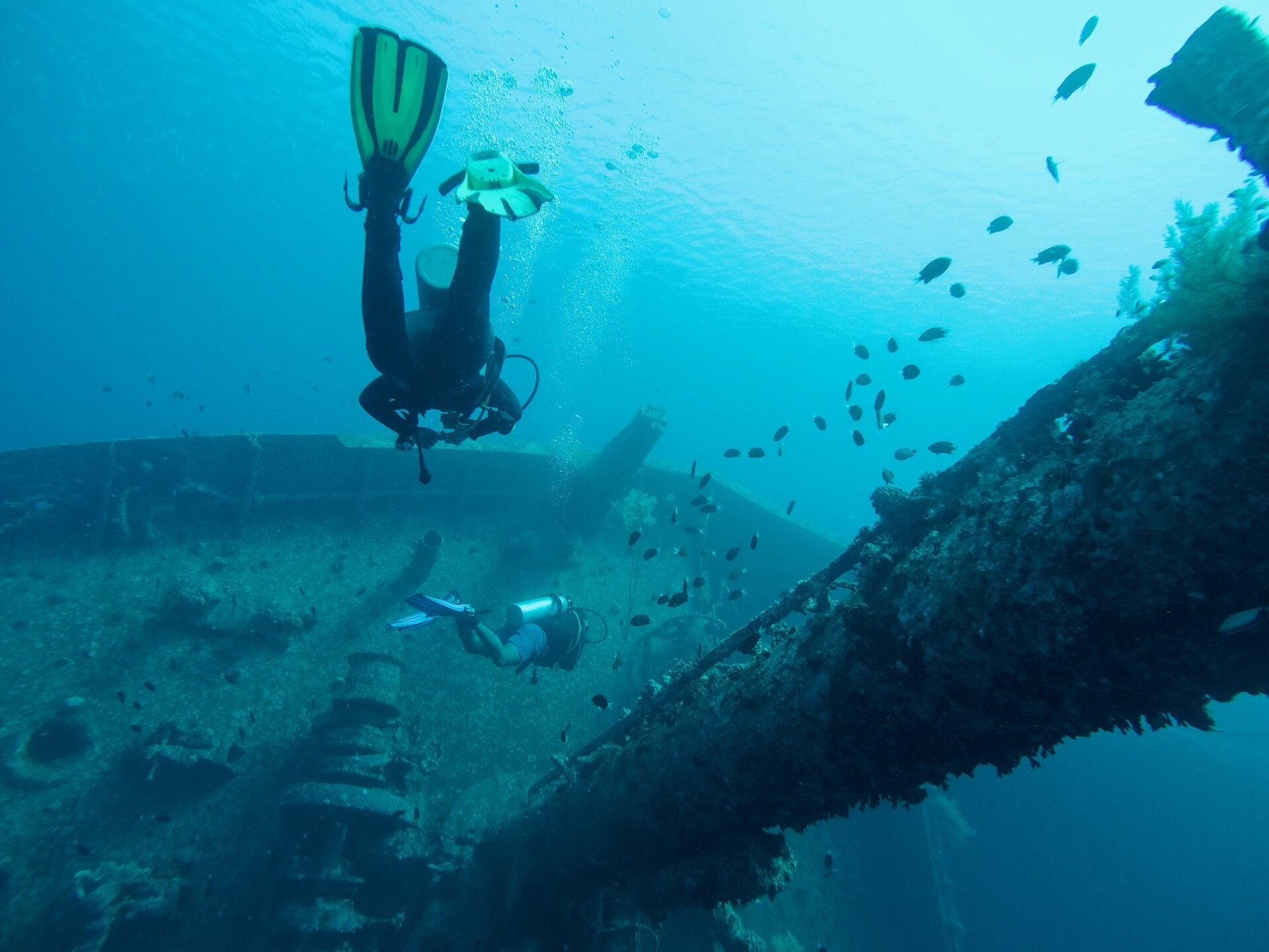 Divers exploring a shipwreck 