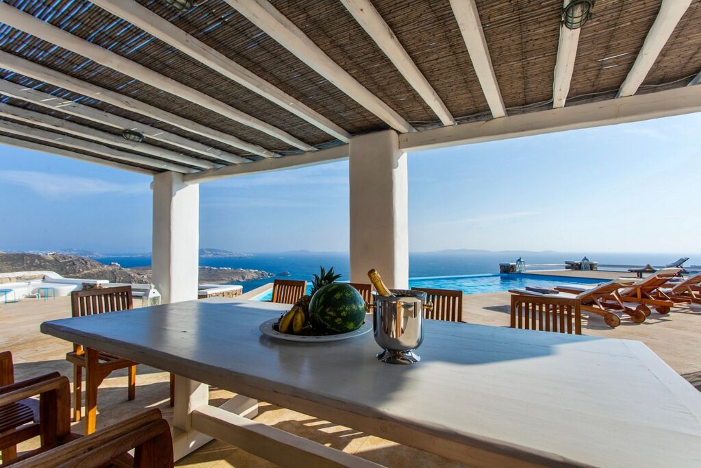 Dining table outside of the top rental home in Mykonos, Greece.