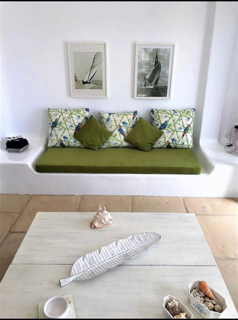 Authentic living room in Mykonos lavish villa for rent.