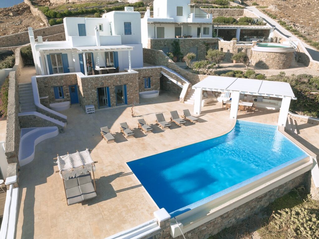 Spacious garden and private infinity pool in Mykonos lavish villa.