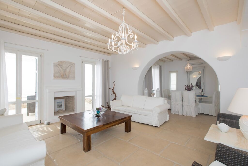 Elegant living room in a top rental home in Mykonos, Greece.