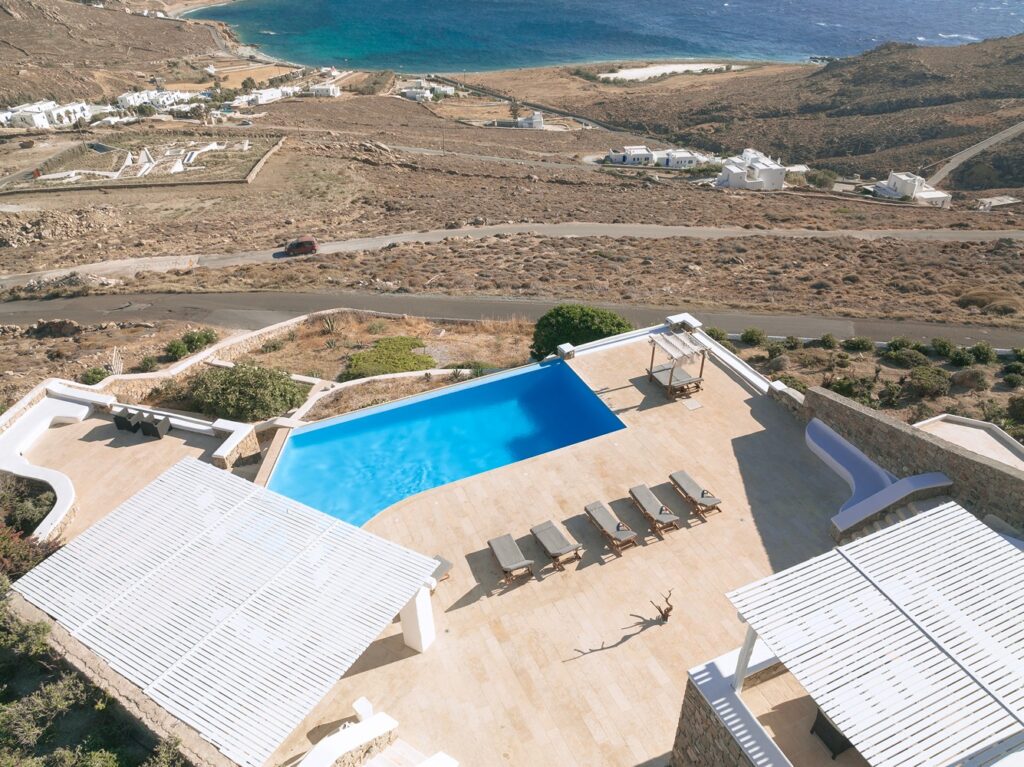 Lavish Mykonos villa for rent with a perfect view of the Aegean Sea.