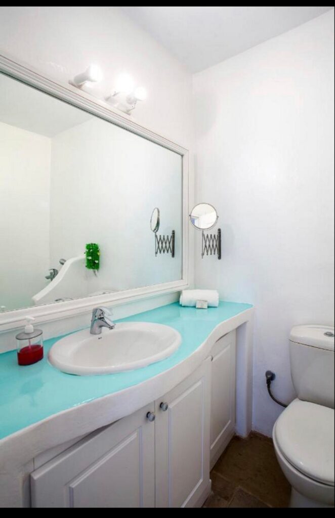 Elegant bathroom in Mykonos luxurious villa for rent.