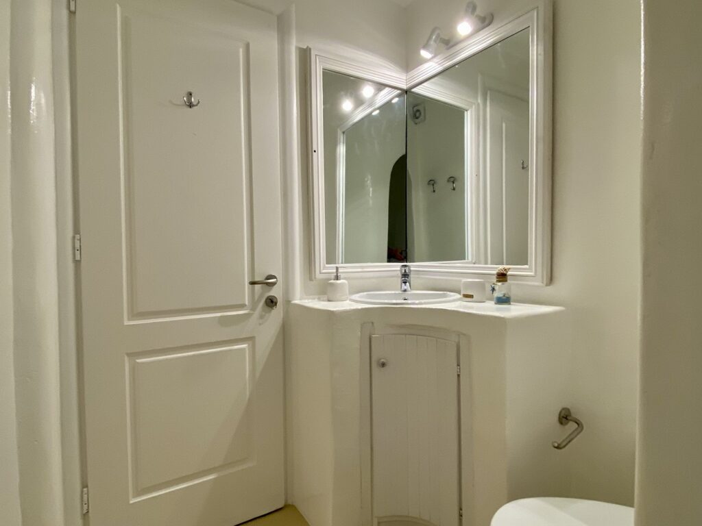 Elegant and modern bathroom in Mykonos finest villa for rent.