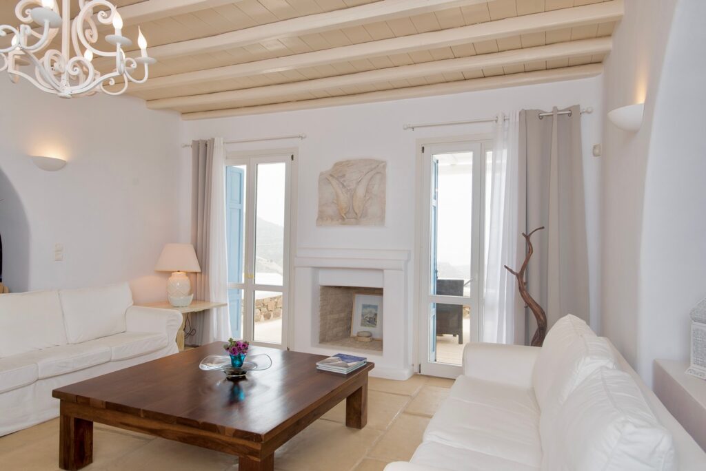 Sophisticated living room in the splendid villa for rent, Mykonos.