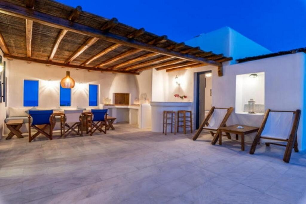 Greek modern design of a terrace in the best villa to stay in, Mykonos.