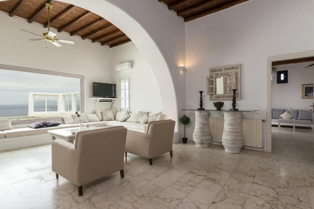 Splendid living room in a luxurious villa for rent in Mykonos, Greece.
