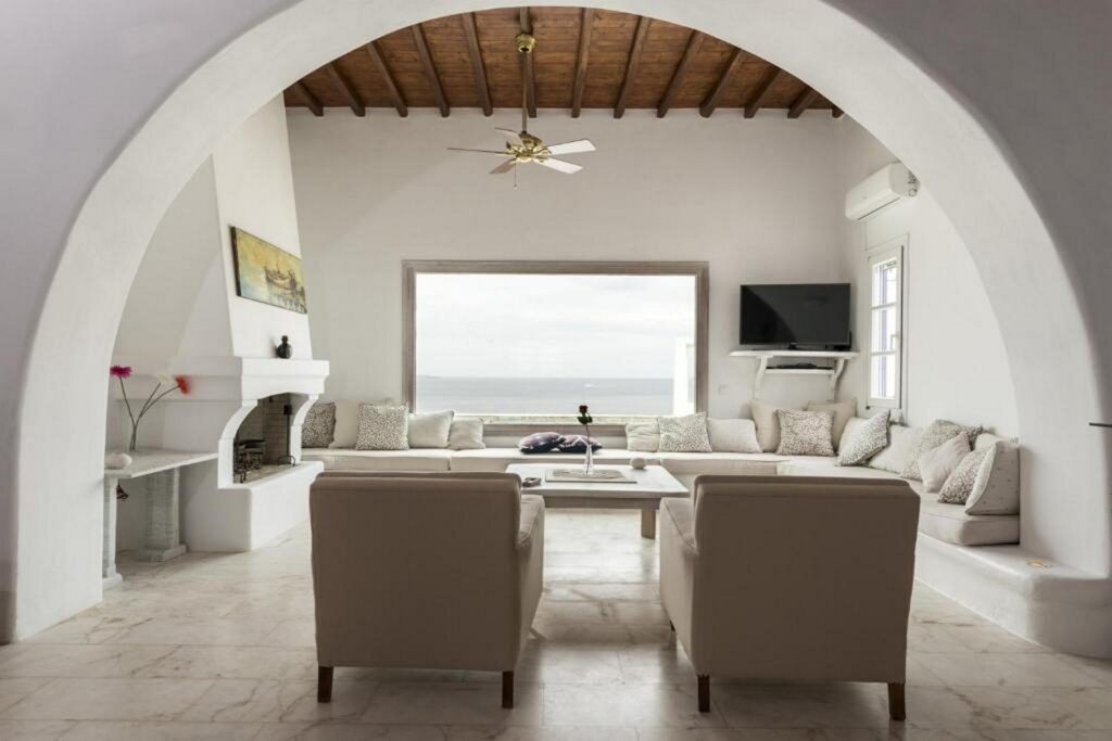 The modern design of a living room in Mykonos rental villa, Greece.