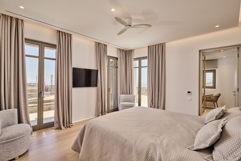 Spacious and comfortable bedroom in a luxurious rental villa, Mykonos.