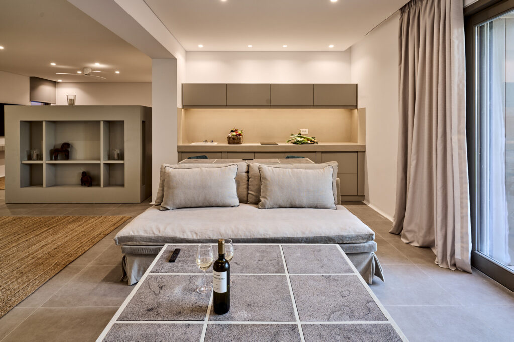 Cozy sofa in a luxurious villa for rent, Mykonos.