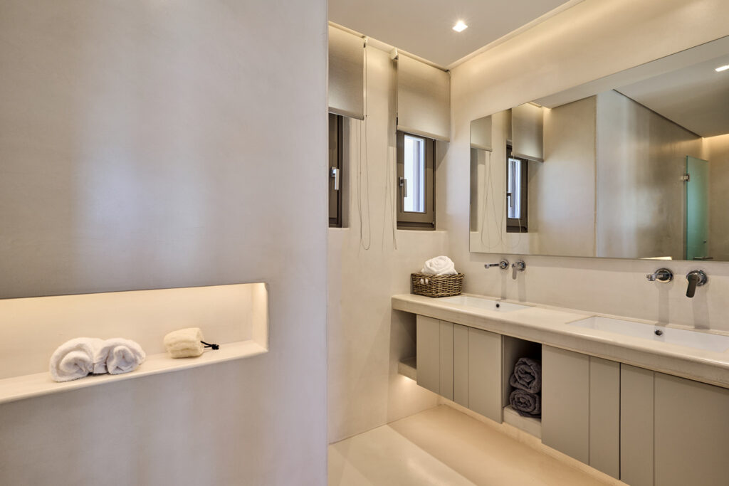 Cozy and spacious bathroom in Mykonos rental villa.
