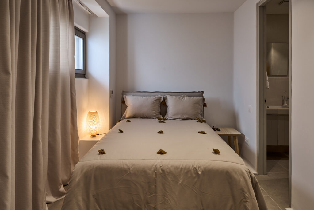 Comfy bedroom in a lavish villa for rent, Mykonos, Greece.