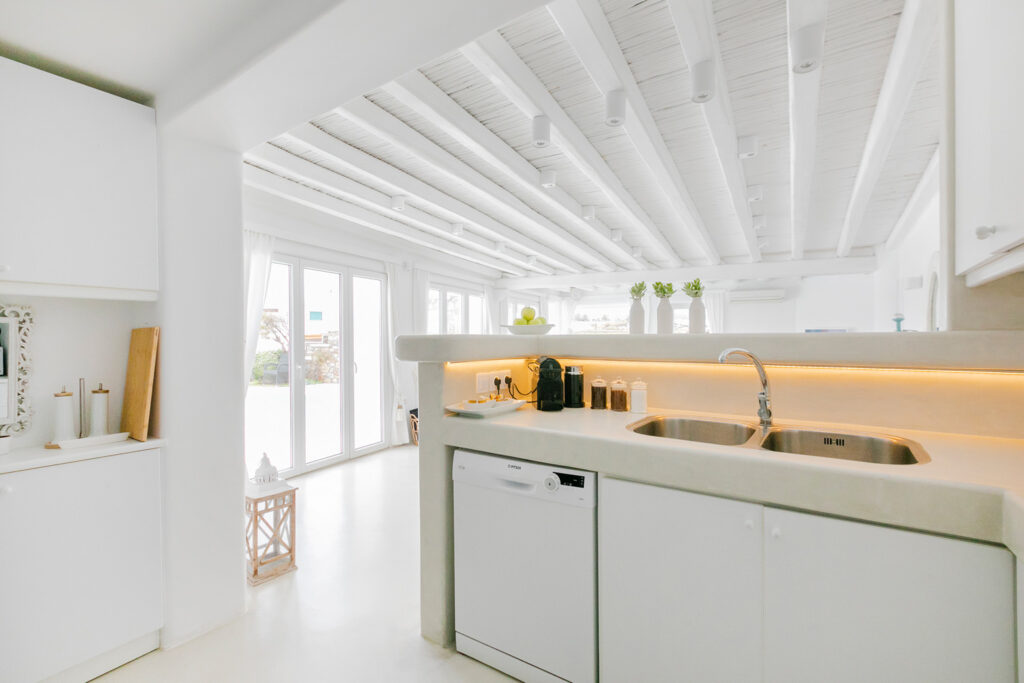 Mykonos villa's kitchen with all amenities ready for rent.