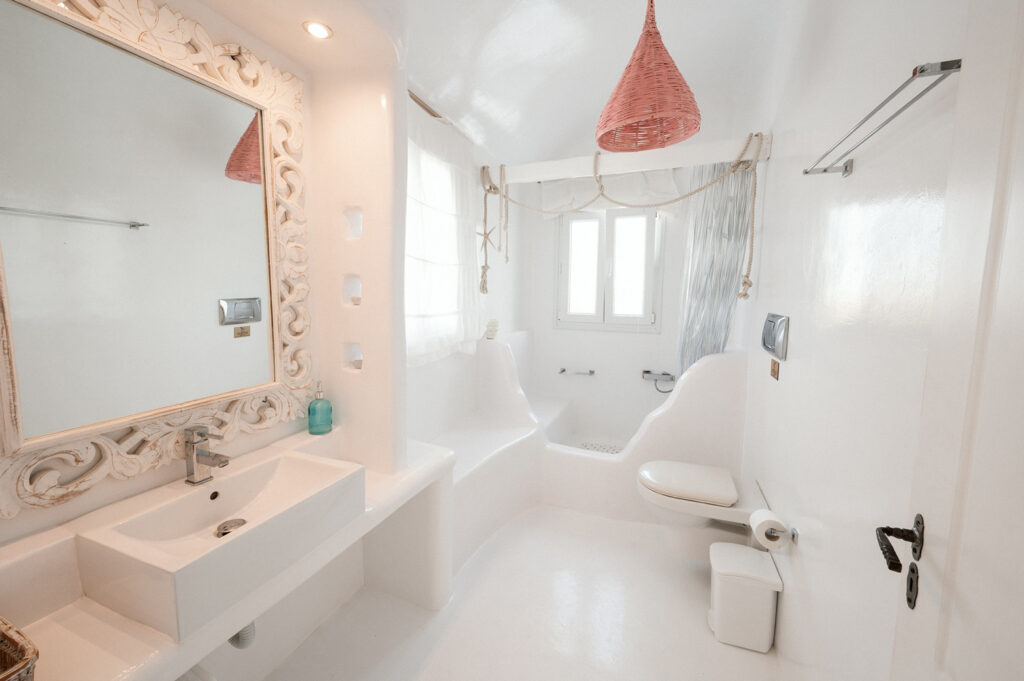 Opulent bathroom with essentials in Mykonos finest home for rent.