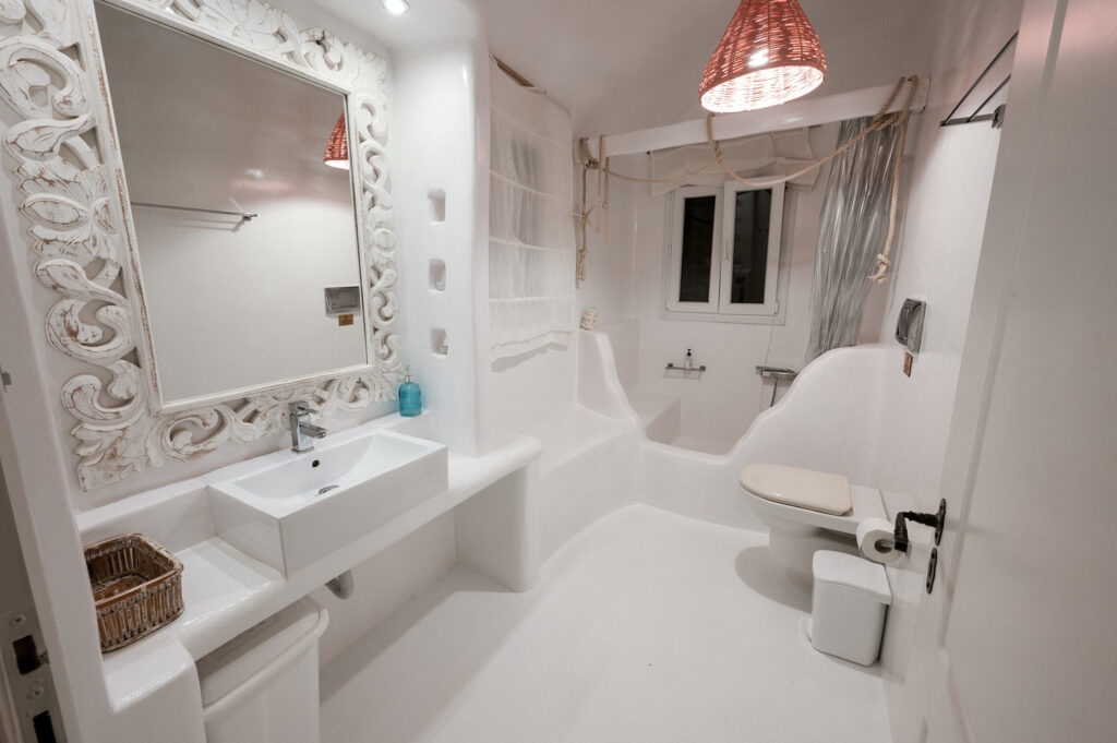 Spacious and fancy bathroom in Mykonos splendid villa for rent.