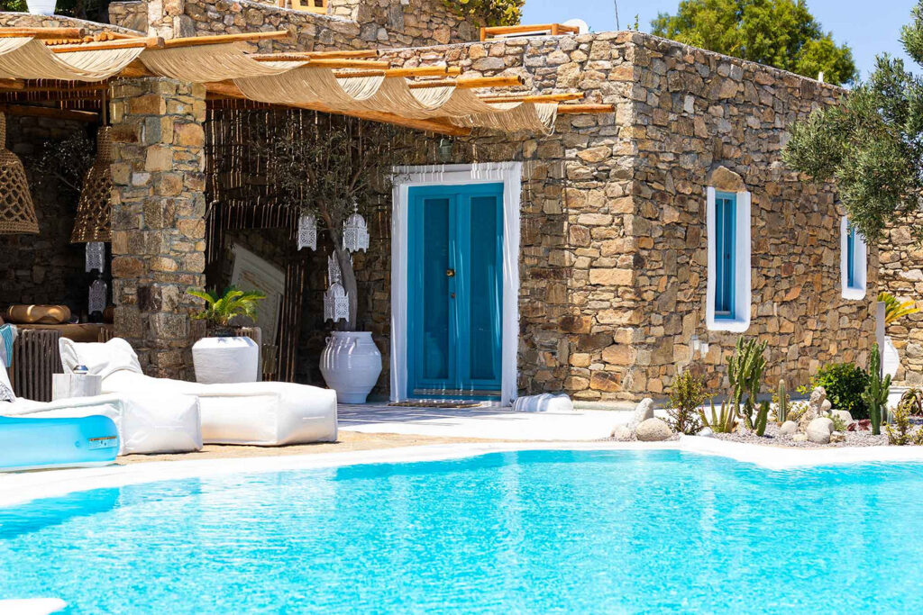 Blue waters in a private pool, Mykonos villa for rent.