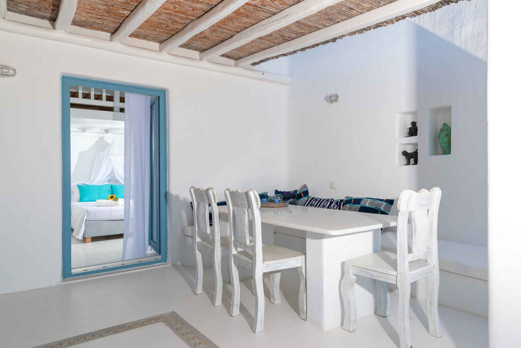The dining room inside Mykonos lavish villa for rent.
