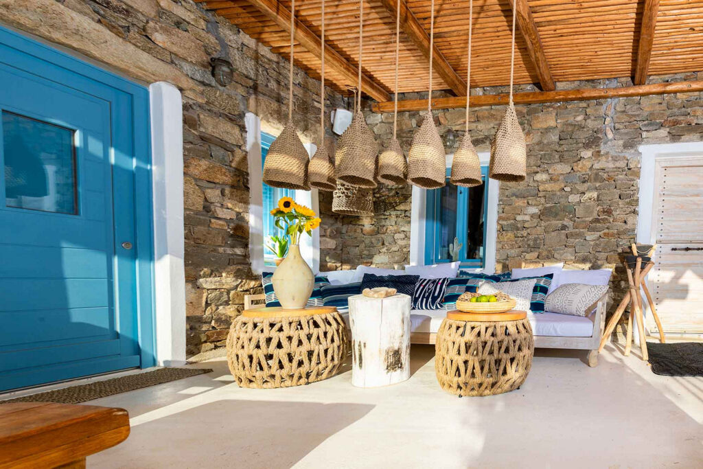Beautiful outside furniture in a luxurious villa in Mykonos, ready for rent.