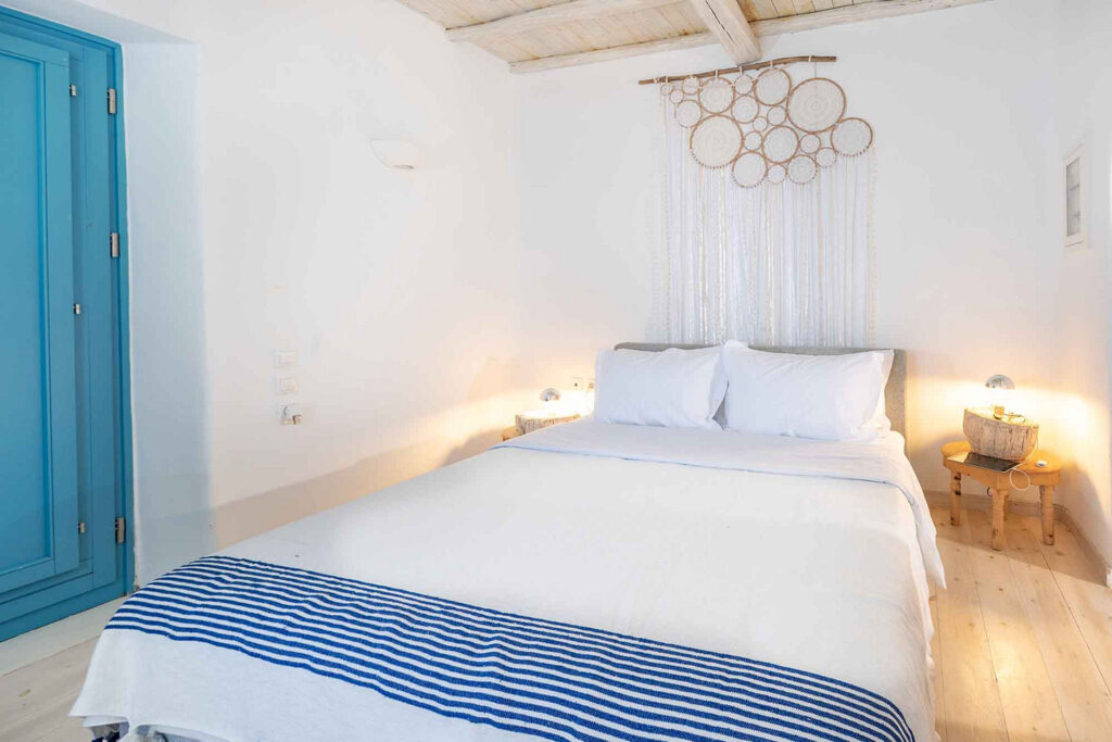 Cozy bed in the best bedroom, Mykonos villa for rent.