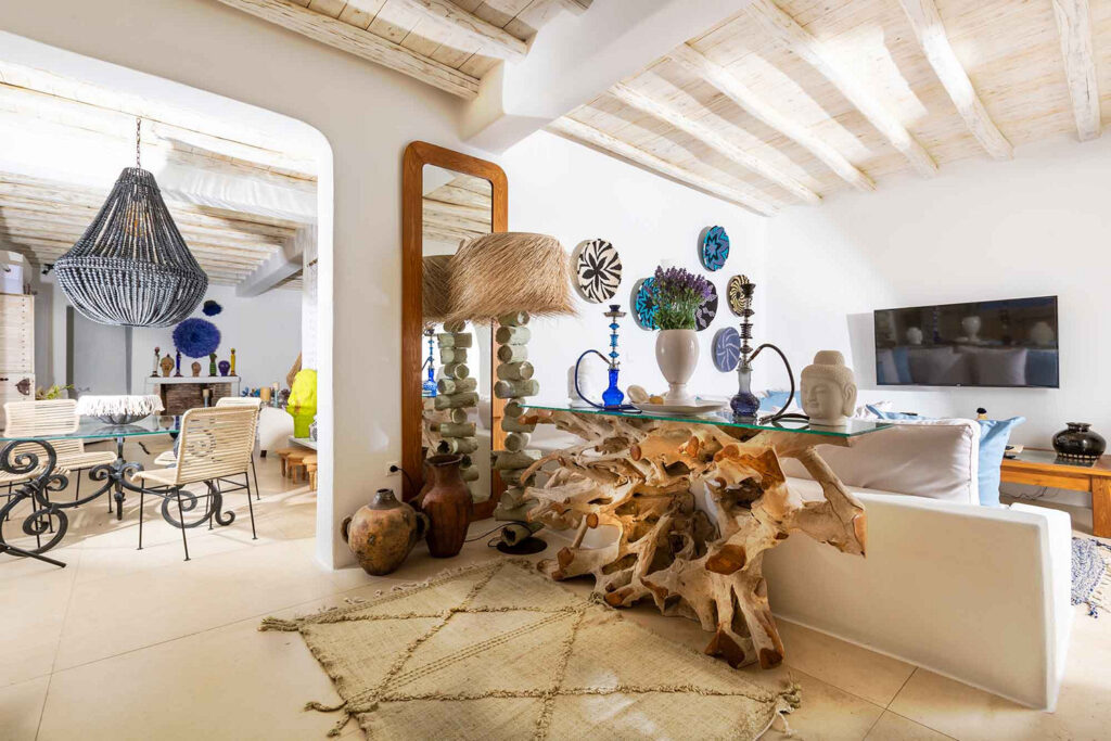 Luxurious living room in Mykonos rental villa.