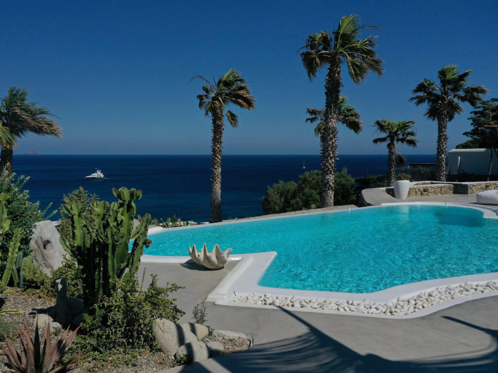 Private pool with a stunning view in Mykonos luxurious villa.