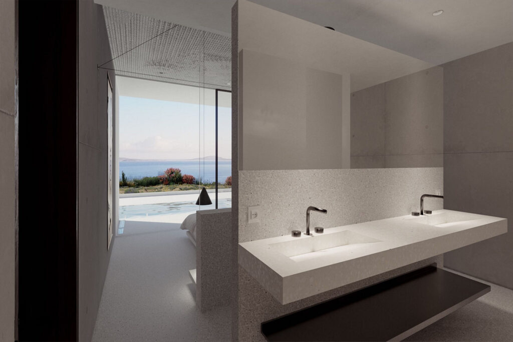 Modern bathroom in a top vacation home for booking, Mykonos.