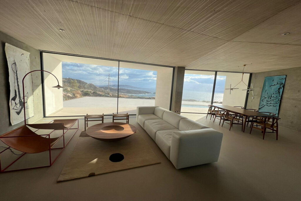 Spacious and bright living room in an exceptional villa for rent, Mykonos.