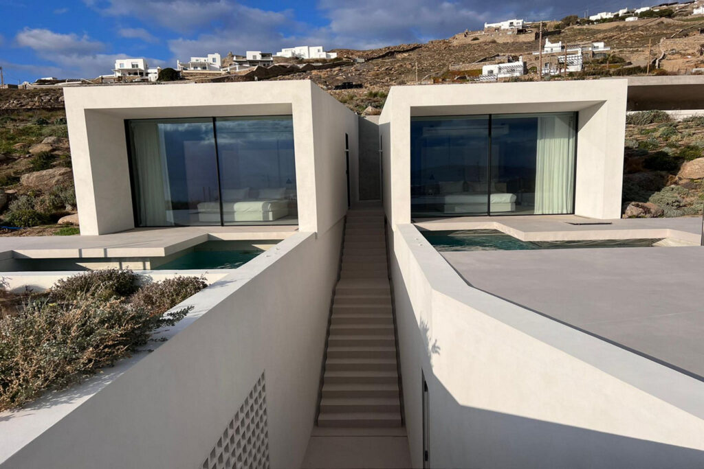 Stairs and entrance into the best Mykonos villa for rent.