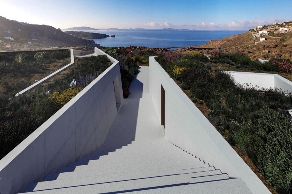 Amazing sea view and stairs in Mykonos holiday villa for rent.