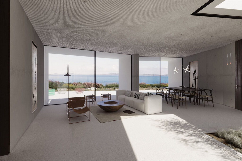 Living room with a sea view in the best vacation home for rent, Mykonos.