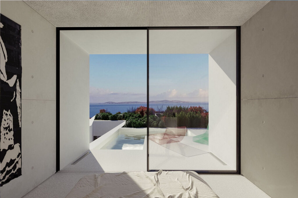 Perfect bedroom with a sea view in a top rental villa, Mykonos.
