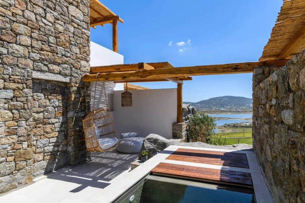 Cozy corner with a view of the Aegean Sea in Mykonos best vacation home for rent.