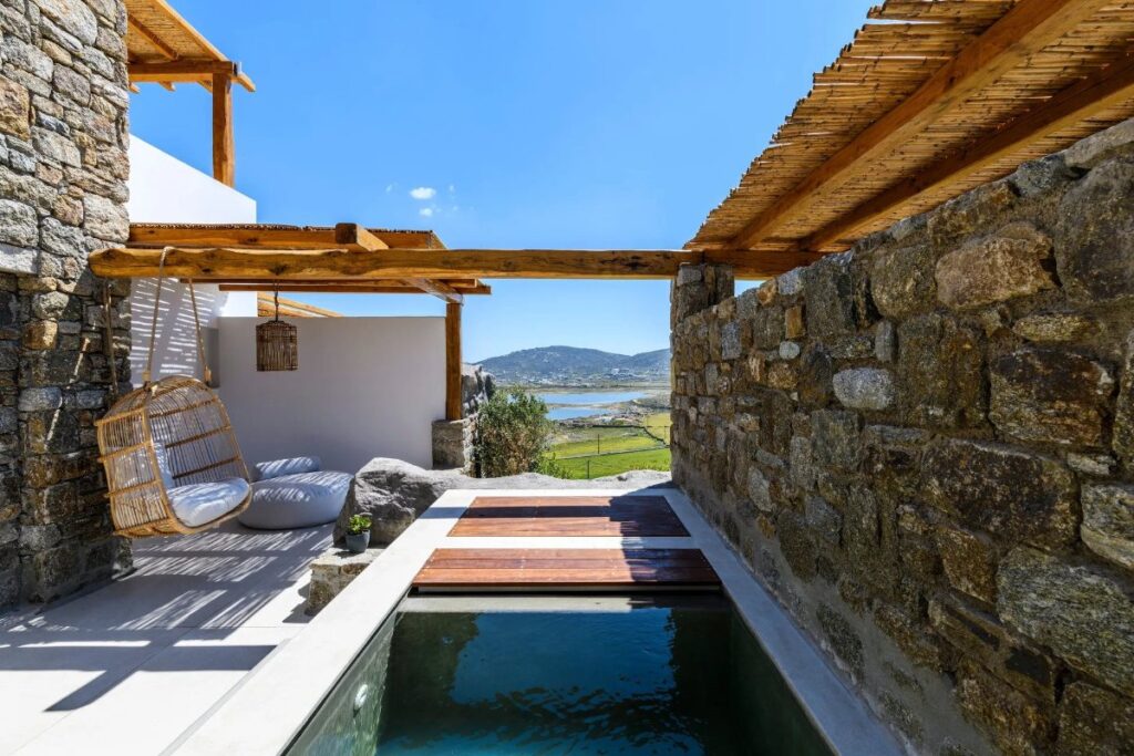 Have a bath outside of a luxurious villa for rent, Mykonos.