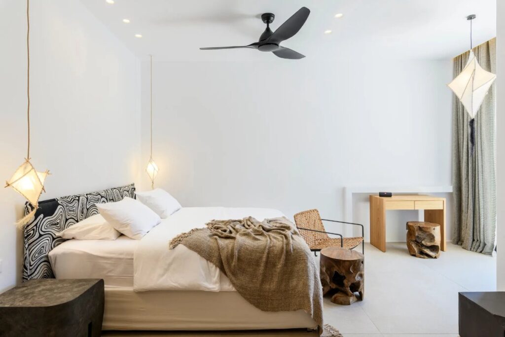 High-quality bedroom in Mykonos splendid villa for rent.