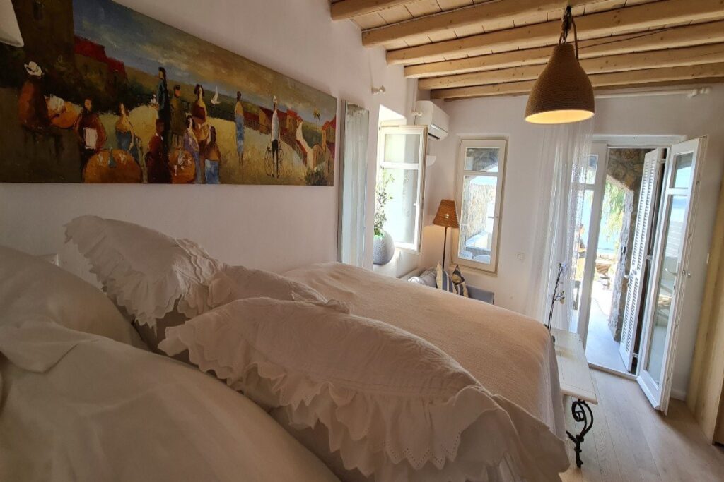 Cozy bed in Mykonos finest villa for rent.