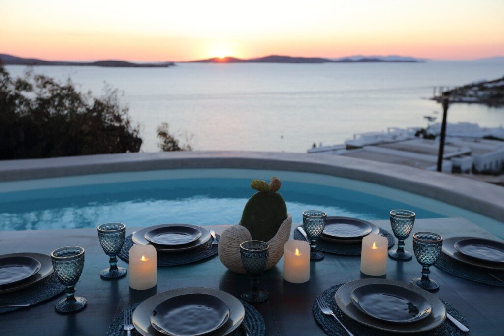Gorgeous sunset from Mykonos villa for rent, Greece.