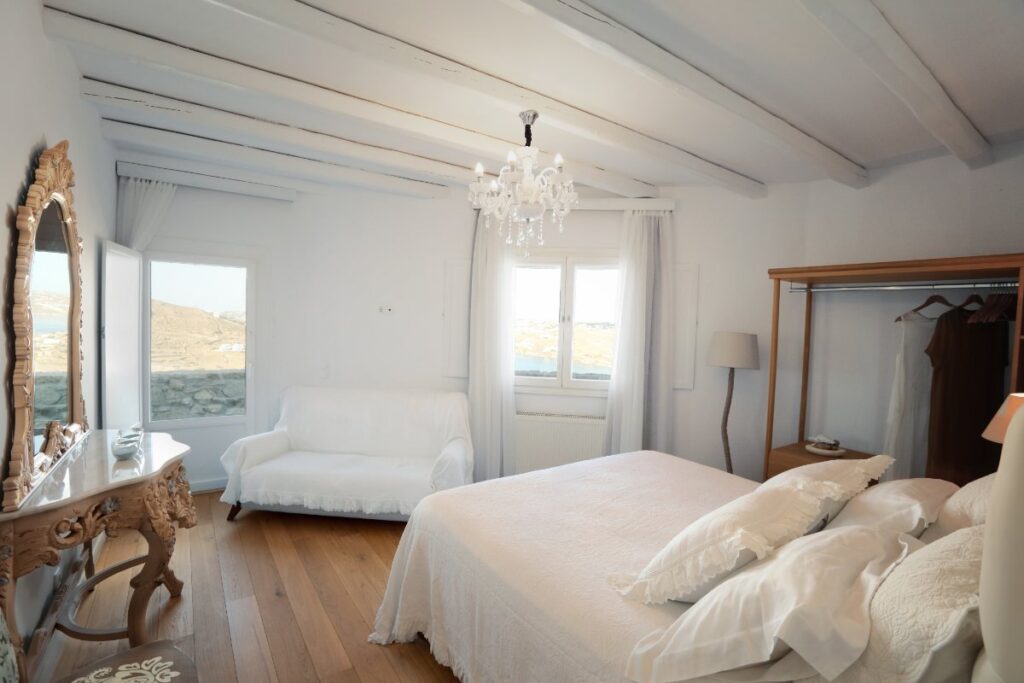 Comfy and bright bedroom in a private house for rent, Mykonos, Greece.