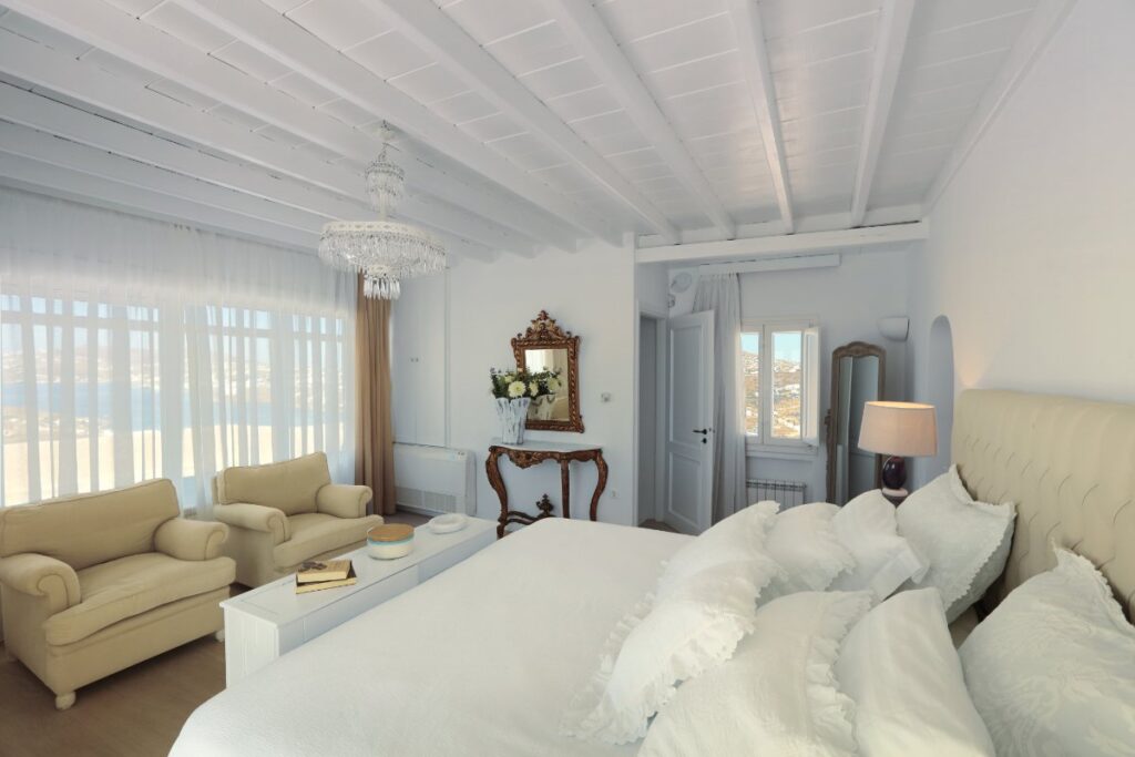 Beautiful bedroom in Mykonos' exceptional villa for rent.